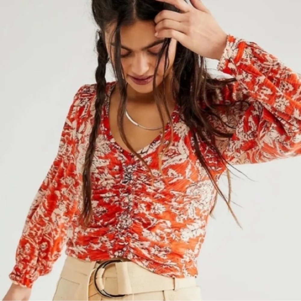 Free People Say The Word Floral Ruched Long Sleeve Cropped Blouse